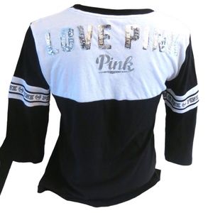 Victoria's Secret PINK Black & White w/ Silver Sequins Logo Baseball Tee S
